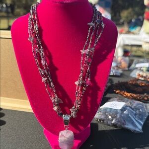 Elegant Multi-Strand Beaded Necklace with Rose Quartz Pendant